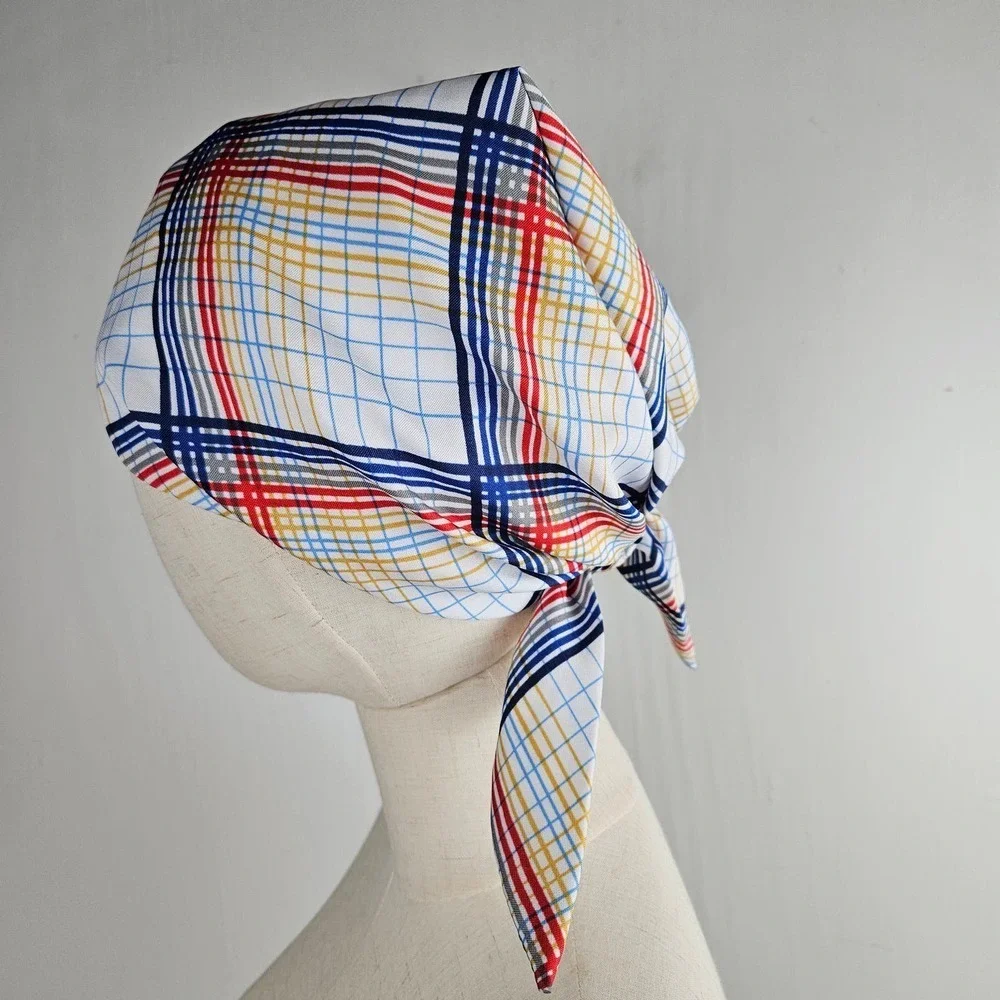 Vintage Scarf Hat Scrub‎ Tie Back White Plaid Chemo Retro Cathy Thousand Oaks Ca - Picture 2 of 8
